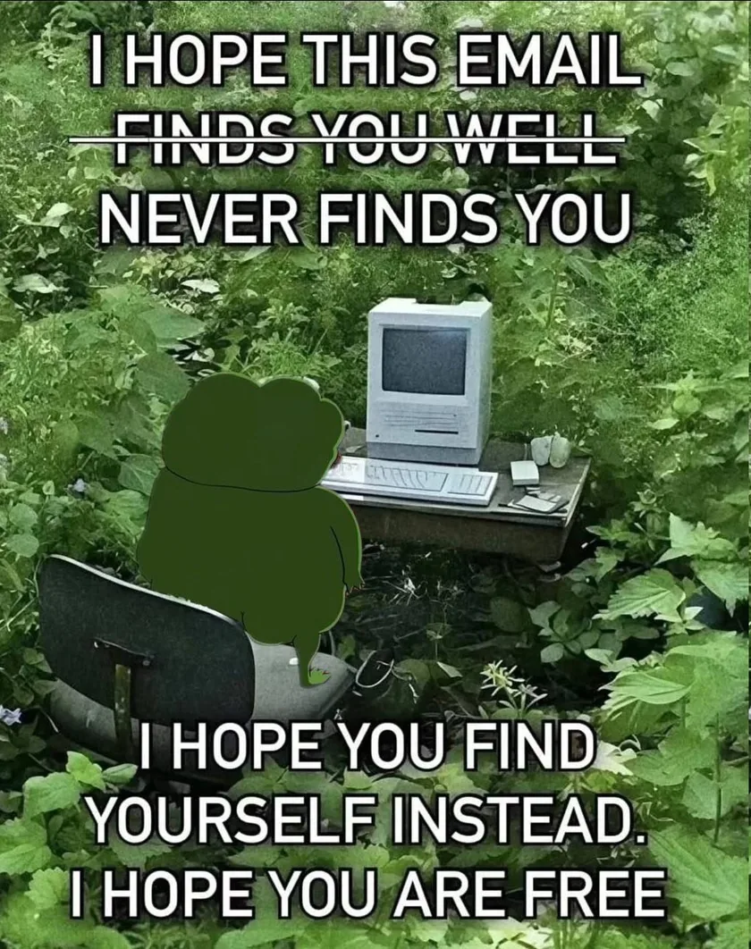A meme reading: I hope this email never finds you. I hope you find yourself instead. I hope you are free.